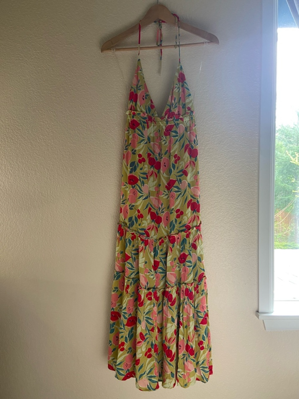 Lush Yellow Floral Halter Maxi Dress with Pink and Red Accents